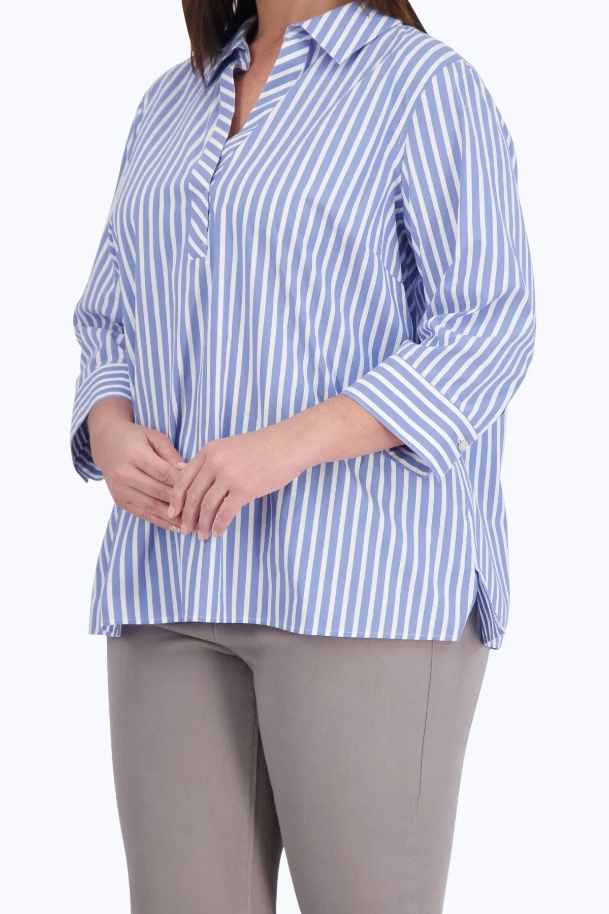 Sophia Plus Stretch No Iron Stripe Popover Shirt