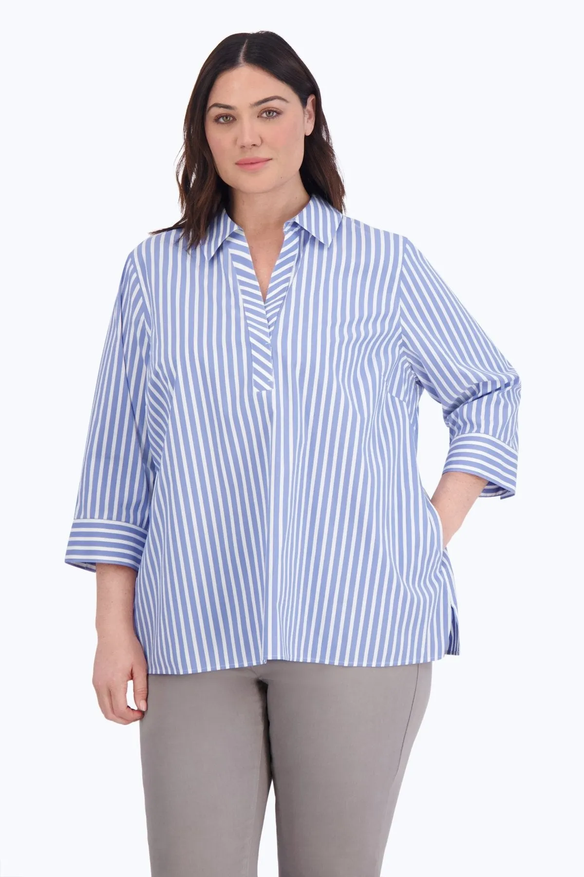 Sophia Plus Stretch No Iron Stripe Popover Shirt