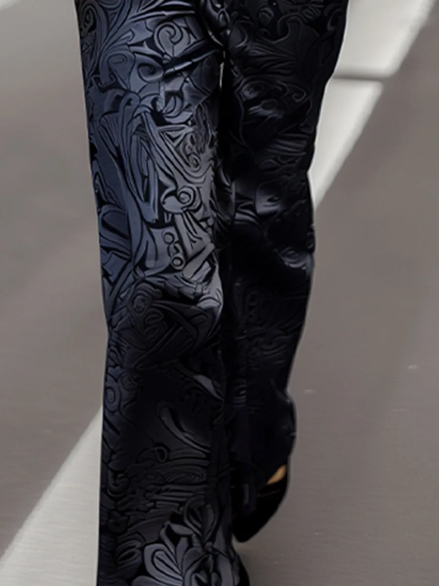 Sophisticated Black Jacquard Trousers with Floral Motifs