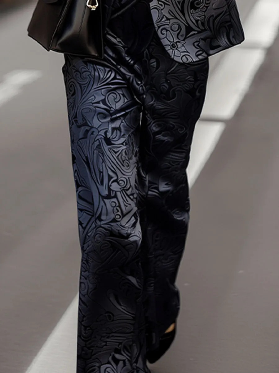 Sophisticated Black Jacquard Trousers with Floral Motifs