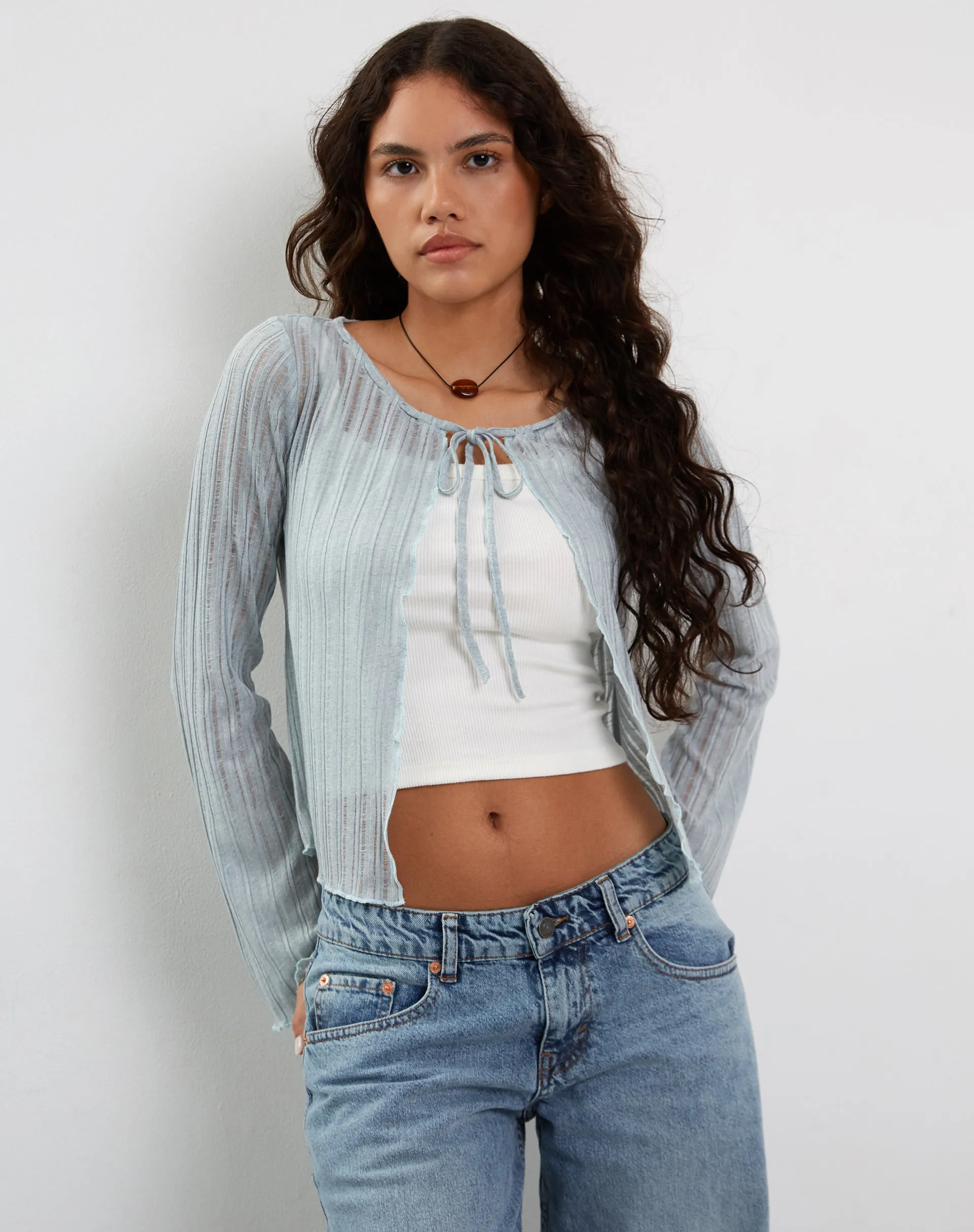 Tabitha Tie Front Cardigan in Powder Blue