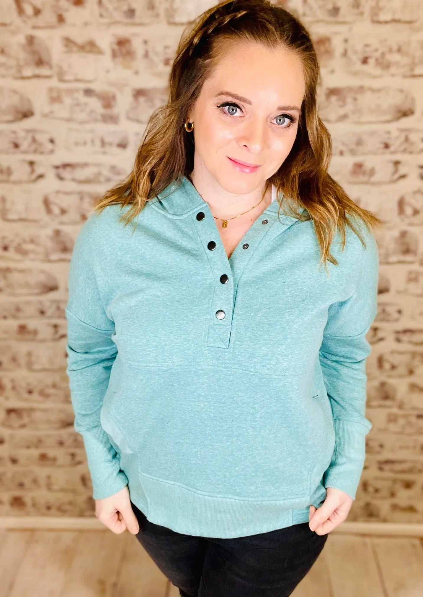 Teal Half Snap Hooded Pullover