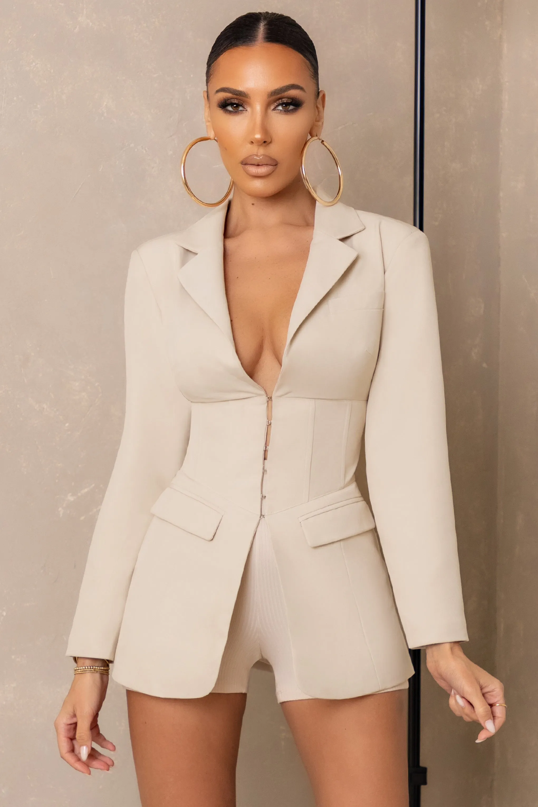 Unbeaten | Cream Plunge Corset Waist Blazer