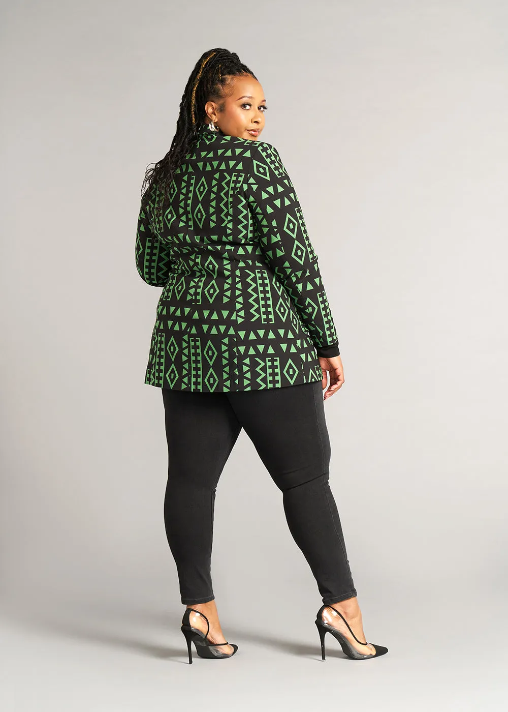 Uyai Women's African Print Stretch Blazer (Moss Black Geometric) - Clearance