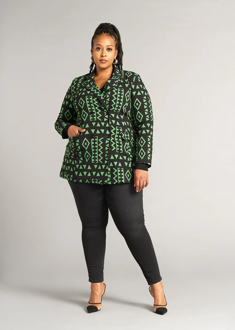 Uyai Women's African Print Stretch Blazer (Moss Black Geometric) - Clearance