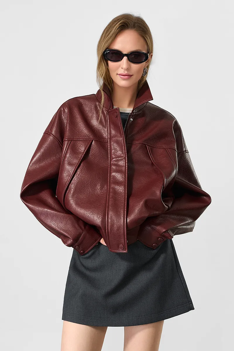 Vintage Burgundy Faux Leather Bomber Jacket