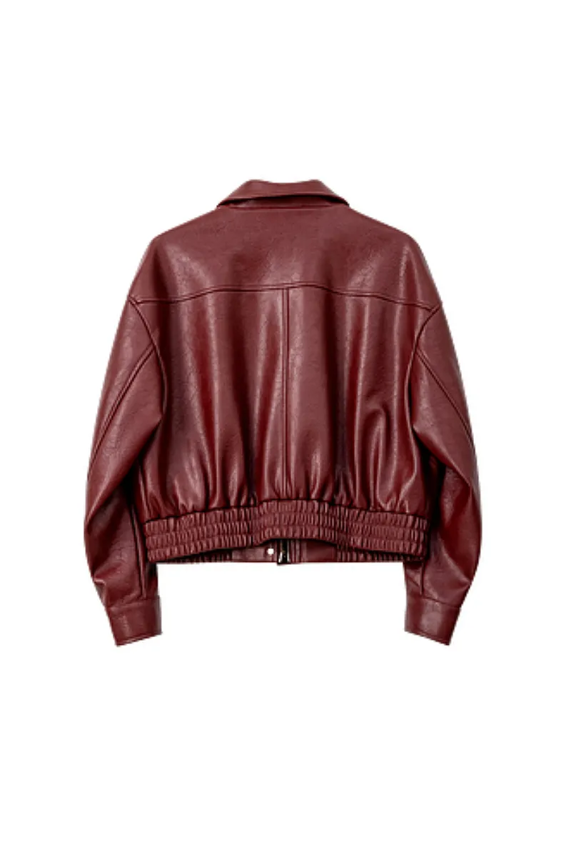 Vintage Burgundy Faux Leather Bomber Jacket