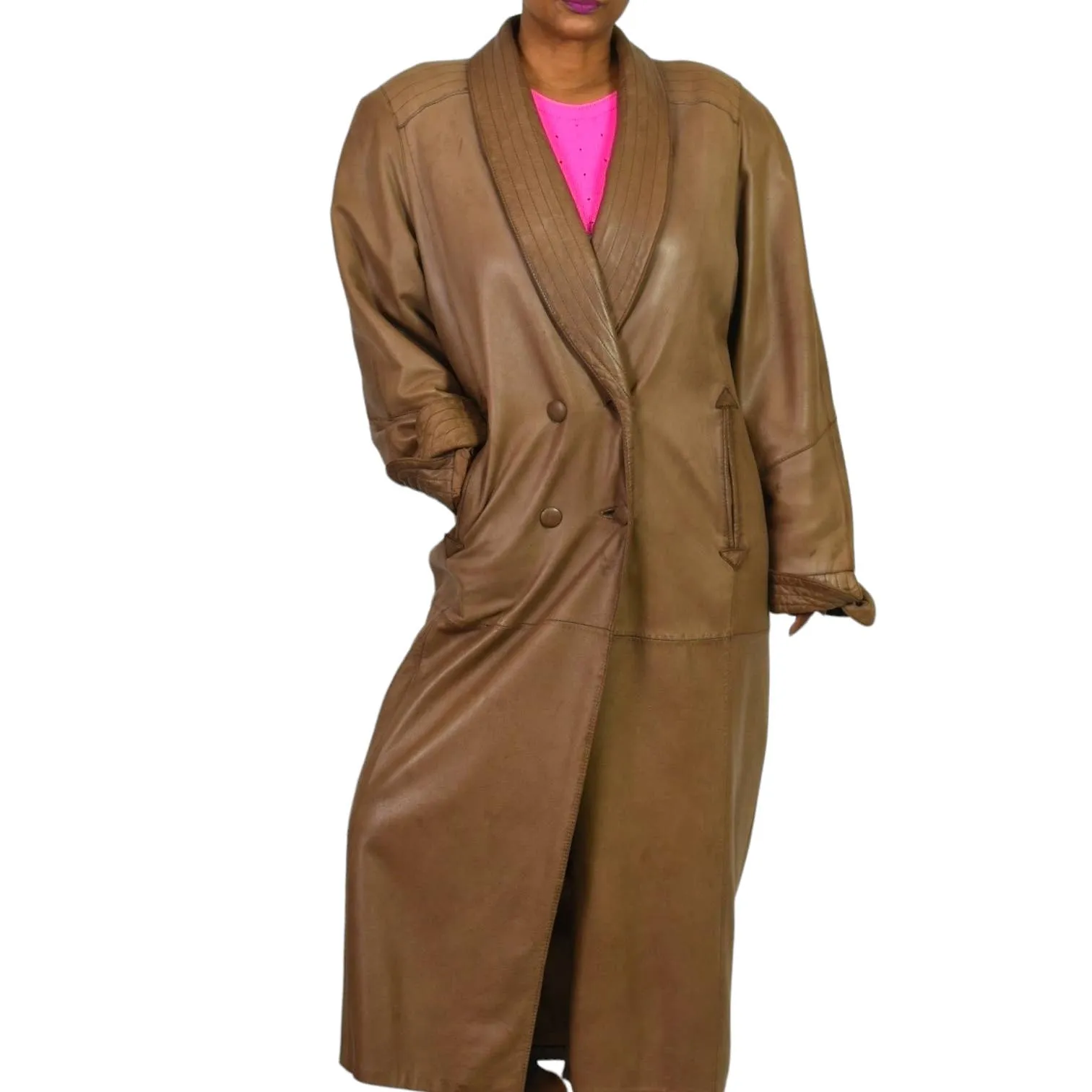 Vintage Lambskin Leather Coat Tan Brown Friitala Finland Trench Long Maxi Double Breasted Size 10