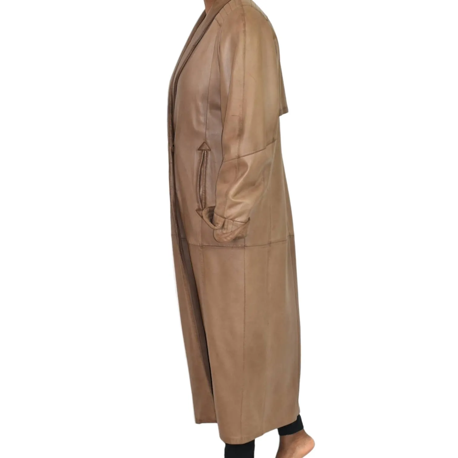 Vintage Lambskin Leather Coat Tan Brown Friitala Finland Trench Long Maxi Double Breasted Size 10