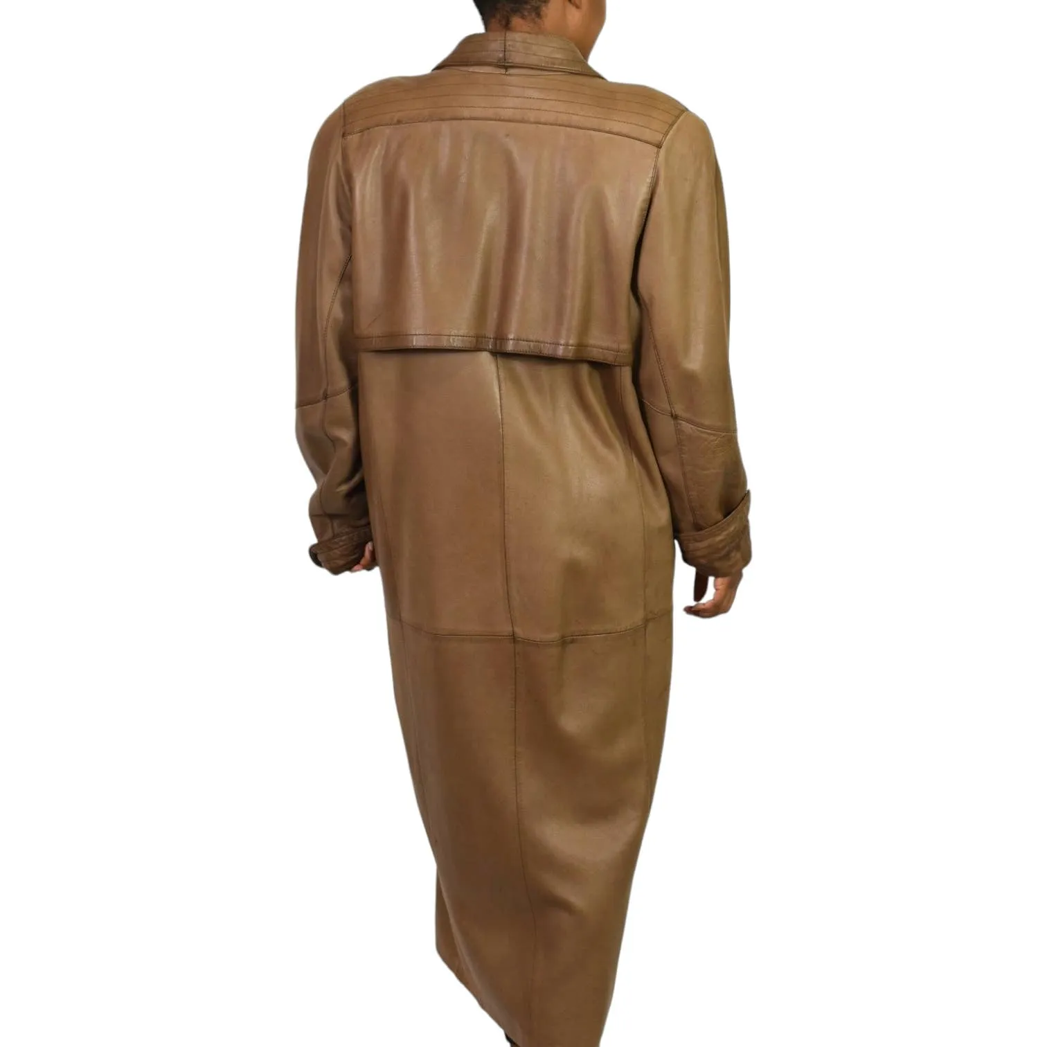 Vintage Lambskin Leather Coat Tan Brown Friitala Finland Trench Long Maxi Double Breasted Size 10