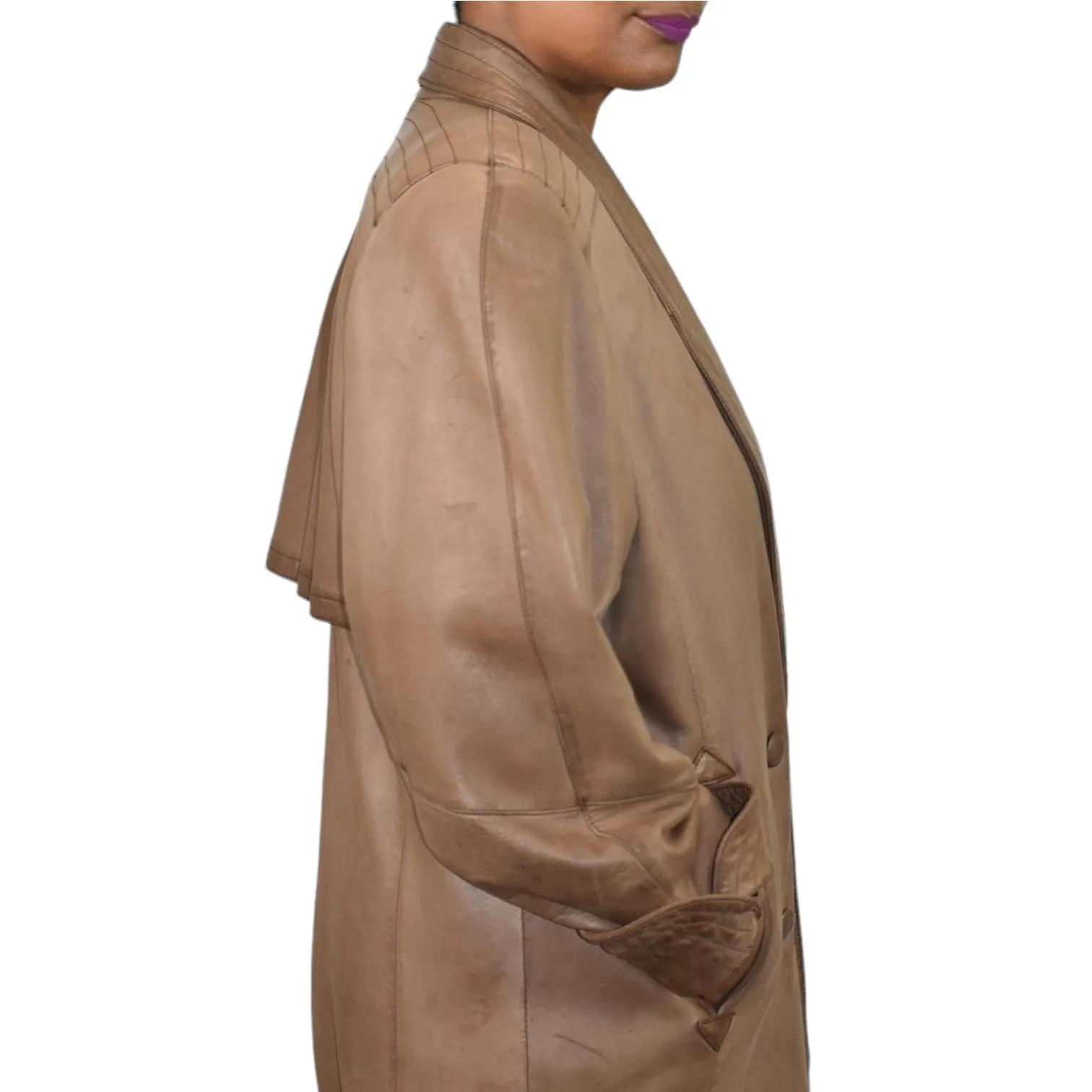 Vintage Lambskin Leather Coat Tan Brown Friitala Finland Trench Long Maxi Double Breasted Size 10