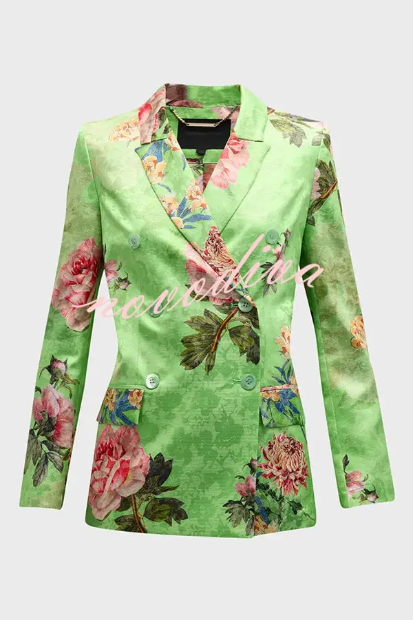 Wild and Free Flowers Printed Button Up Long Sleeve Lapel Blazer