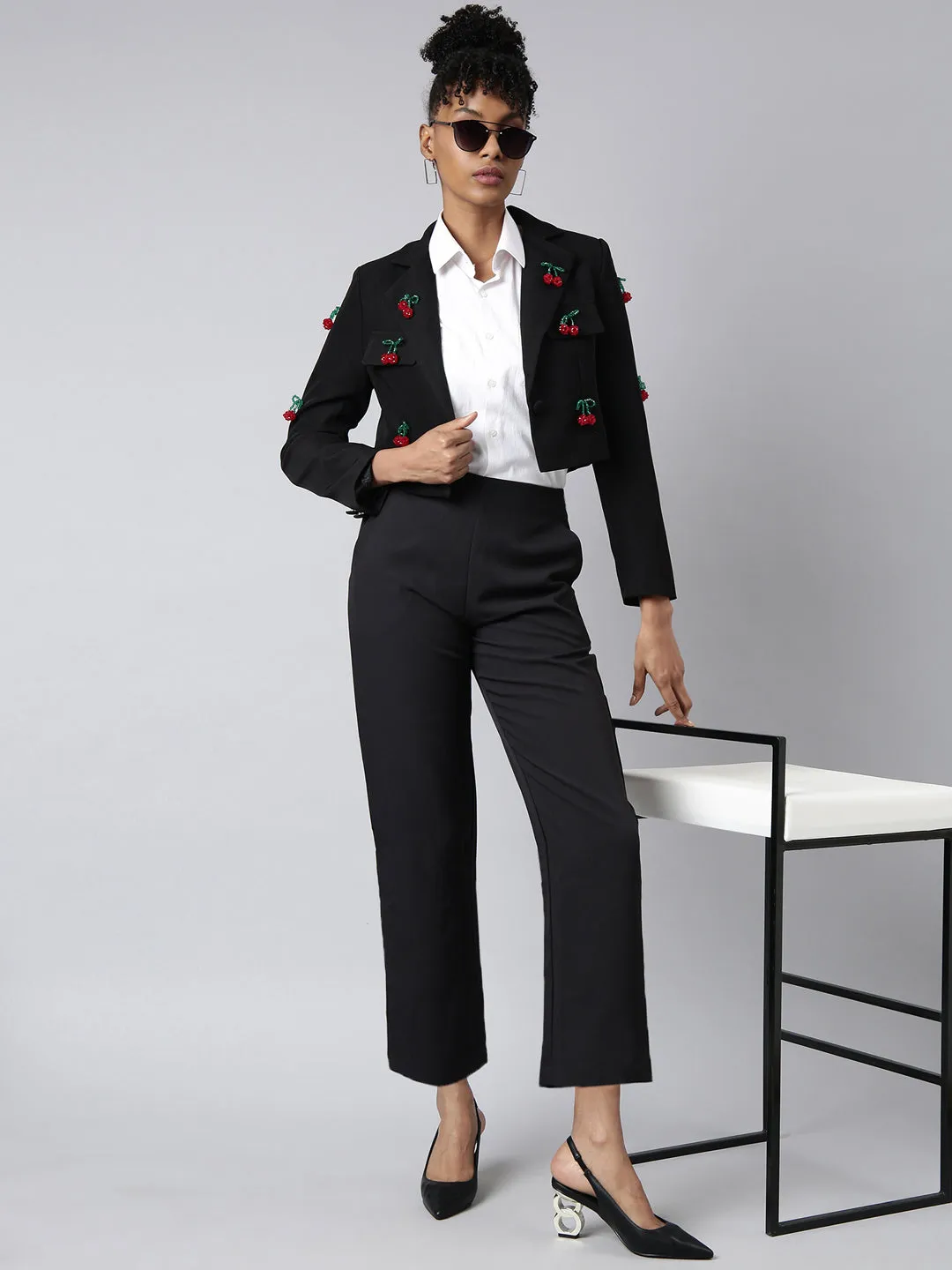 Women Black Solid Single Breasted Crop Blazer