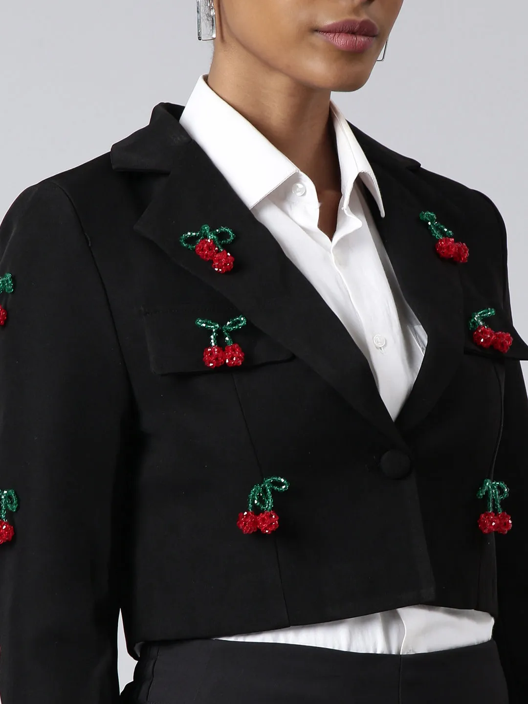 Women Black Solid Single Breasted Crop Blazer