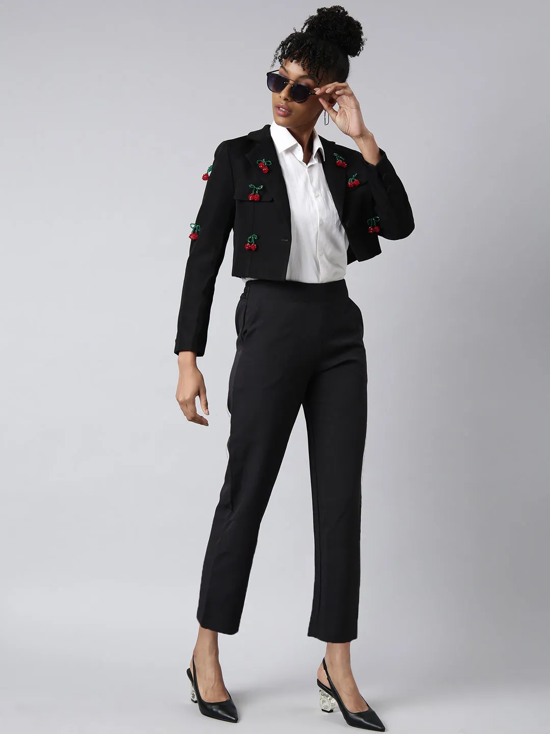 Women Black Solid Single Breasted Crop Blazer