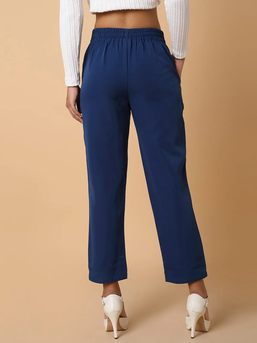 Women Flat Front Solid Blue Formal Trousers