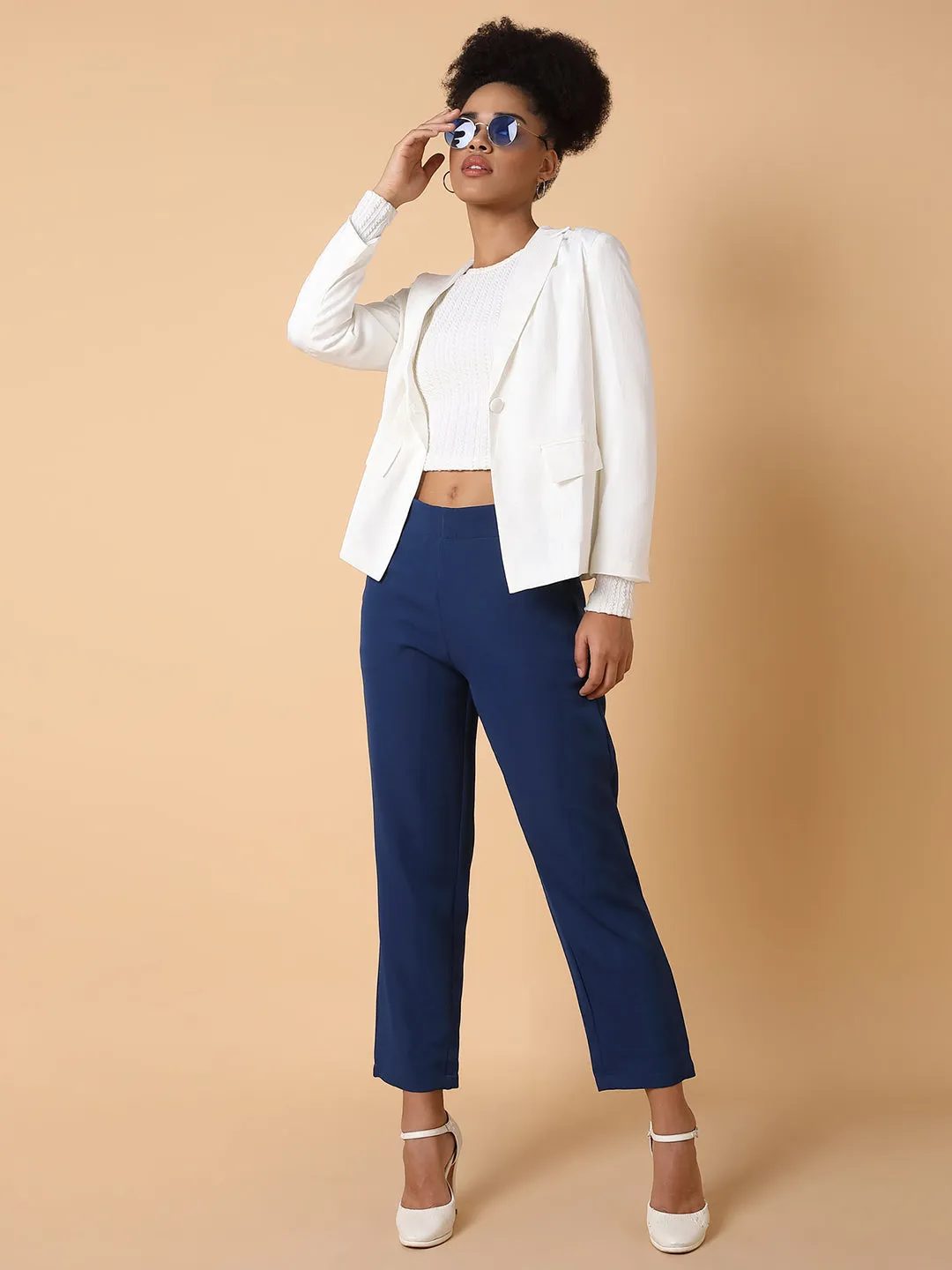 Women Flat Front Solid Blue Formal Trousers