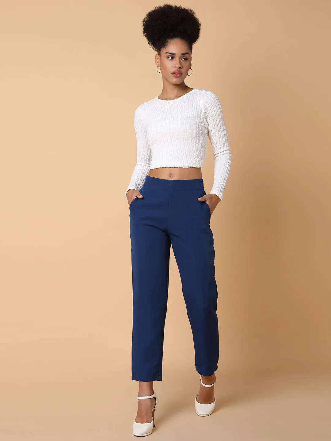 Women Flat Front Solid Blue Formal Trousers