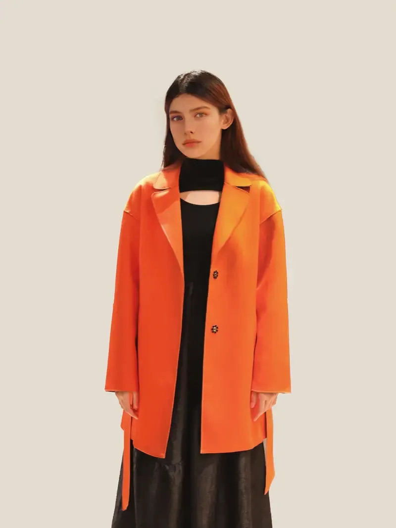 Women's Classic Orange Single-Breasted Solid Trench Coat | Ideal for Autumn/Winter