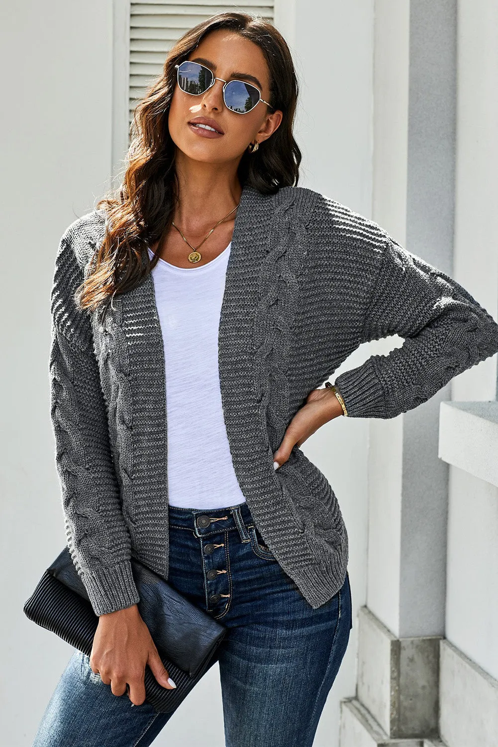 Women's Gray Chunky Wide Long Sleeve Knit Cardigan