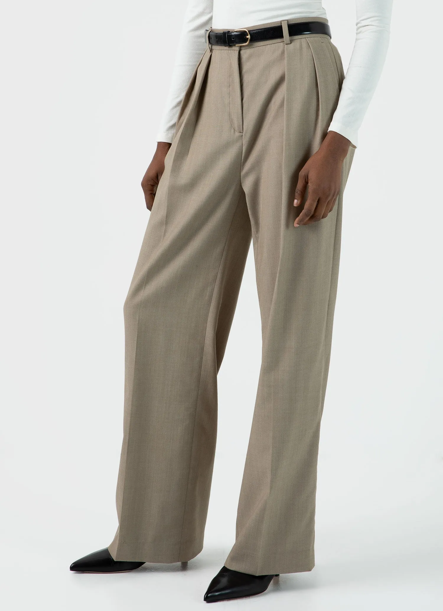 Women's Pleated Wool Twill Trouser in Dark Stone