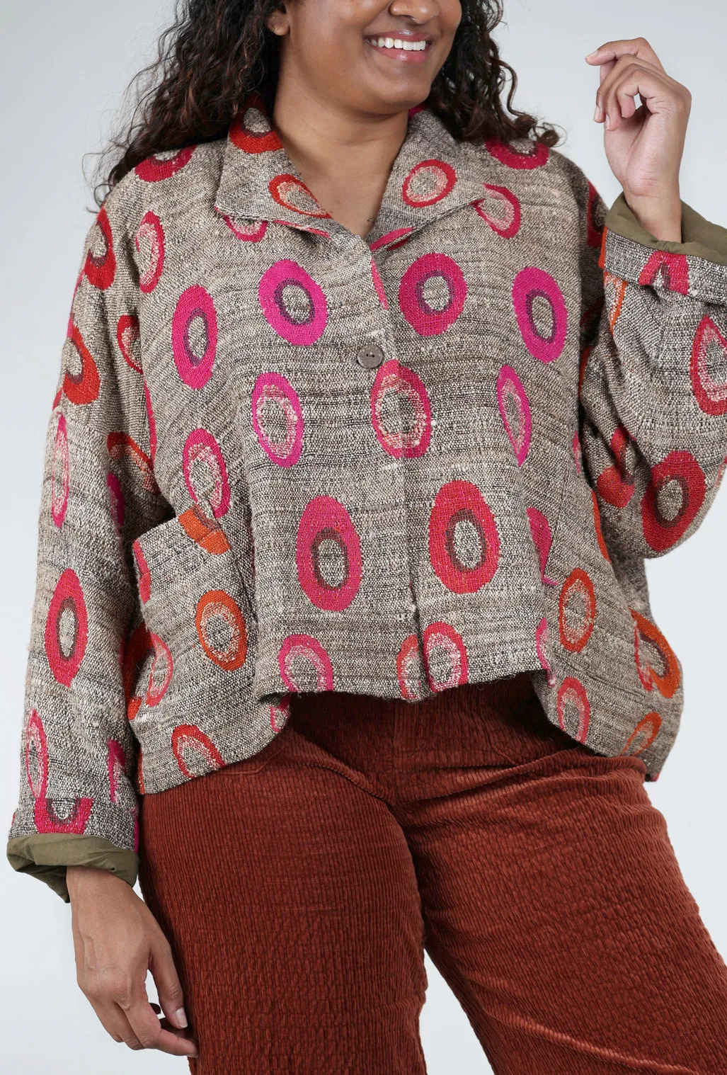 Wool Swing Annie Jacket, Khaki/Fuchsia