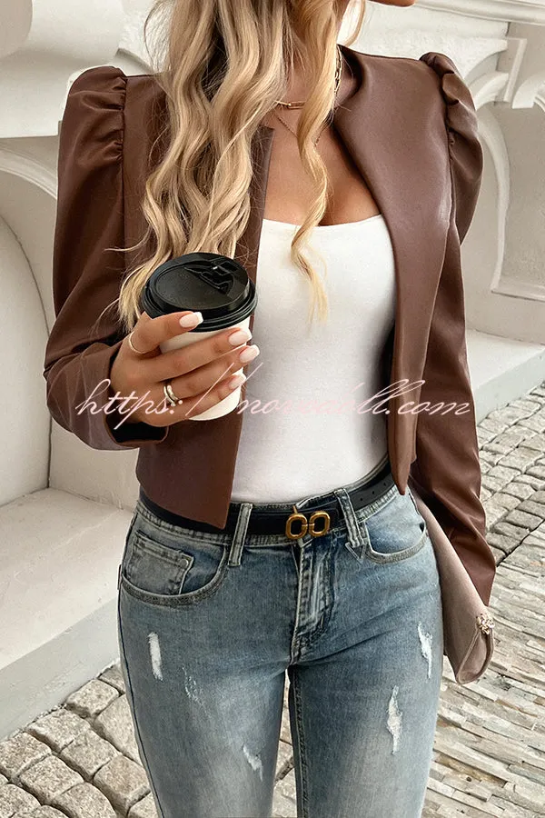 Yelissa Faux Leather Statement Long Sleeve Open Front Crop Jacket